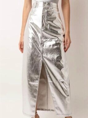 High-Shine Silver Midi Skirt with Front Slit